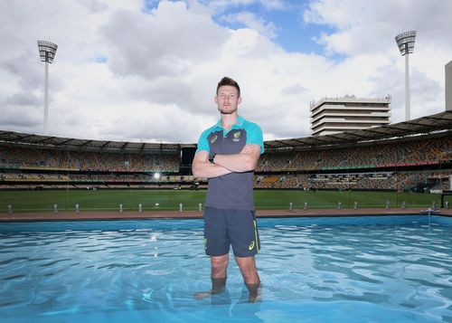 Test debutant Cameron Bancroft tests out the new pool at the Gabba. (AAP)