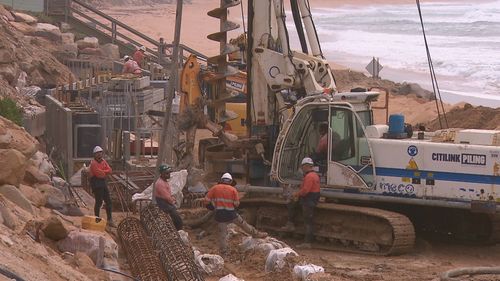 Collaroy-South Narrabeen seawall under construction.