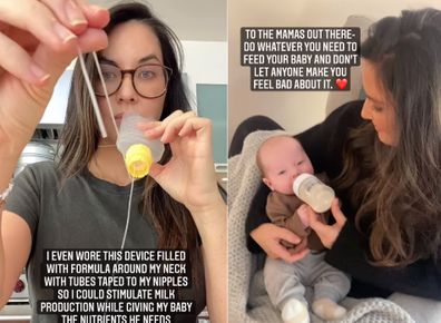 Olivia Munn feeding her son Malcolm. 