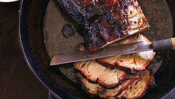 Roast glazed marinated pork with cucumber salad