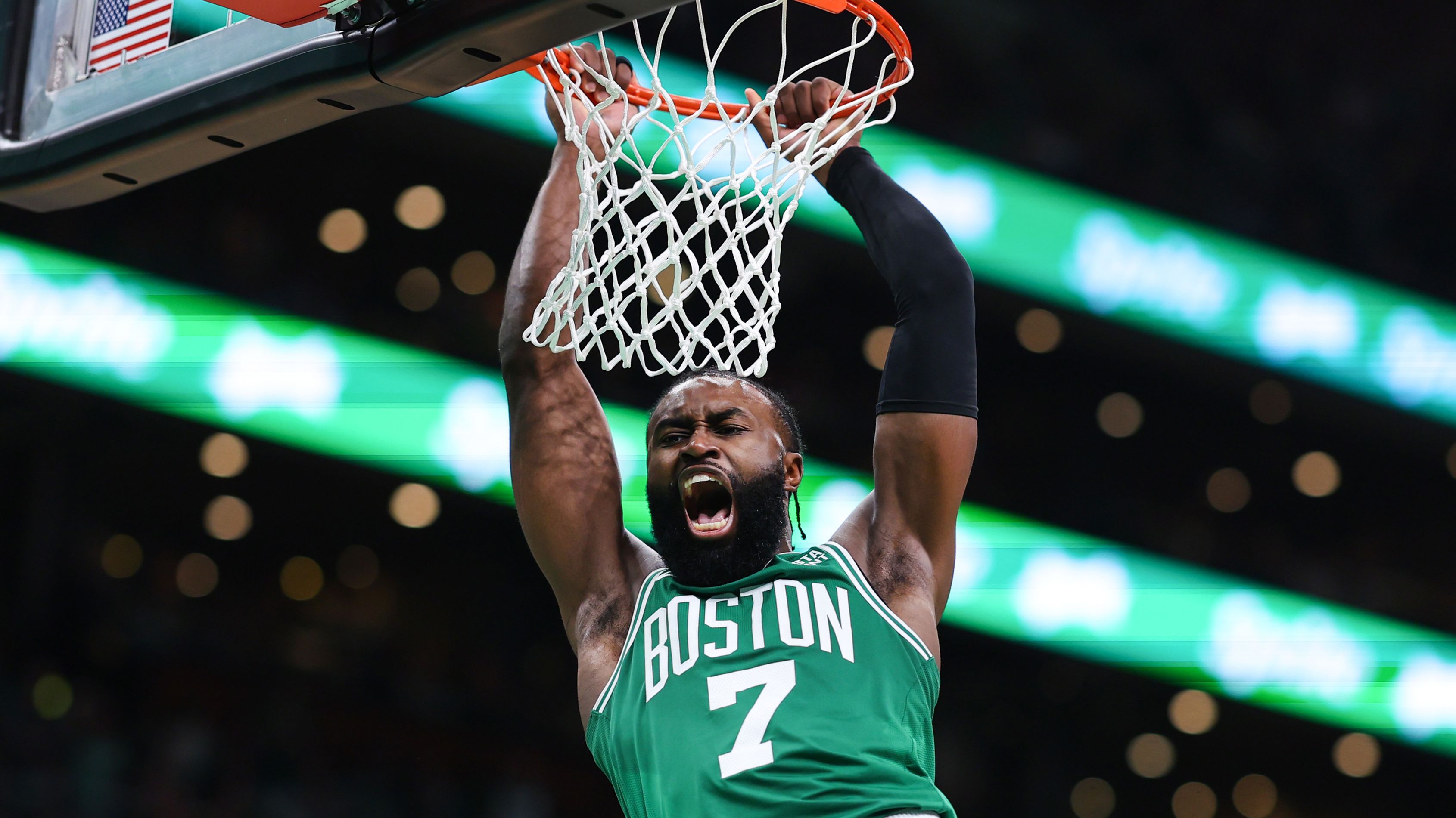 BOSTON, MASSACHUSETTS - MAY 25: Jaylen Brown #7 of the Boston Celtics dunks the ball against the Miami Heat during the third quarter in game five of the Eastern Conference Finals at TD Garden on May 25, 2023 in Boston, Massachusetts. NOTE TO USER: User expressly acknowledges and agrees that, by downloading and or using this photograph, User is consenting to the terms and conditions of the Getty Images License Agreement. (Photo by Maddie Meyer/Getty Images)