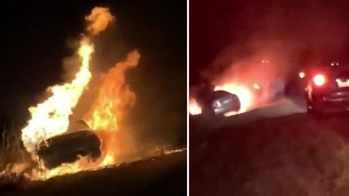 Two teenagers have taken an allegedly stolen car on a joyride in Queensland's Bundaberg region before it burst into flames.