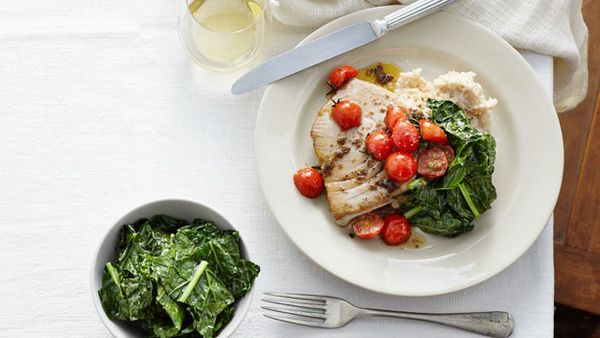 Tuna with olive and tomato butter, white bean mash and cavalo nero