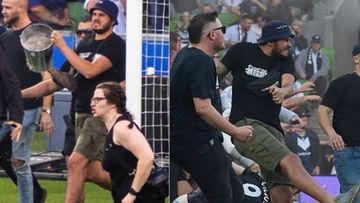 Police have released photos of men they want to speak to after a mass pitch invasion during last night&#x27;s A-League derby match at AAMI Park in Melbourne.