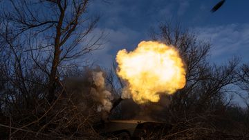 Ukrainian self propelled howitzer 2s1 of 80 Air Assault brigade fires towards Russian forces at the frontline near Bakhmut, Ukraine.