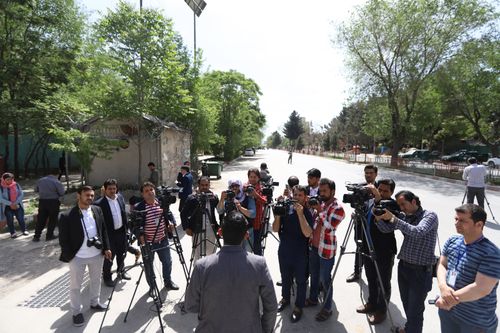 A group of journalists at the scene of the first bomb blast in Kabul. Picture: AAP