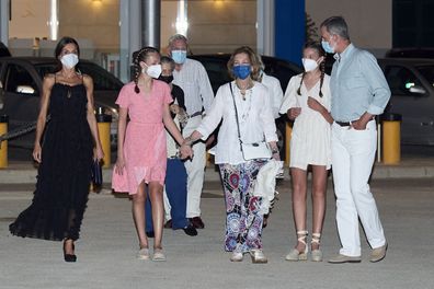 Queen Letizia, King Felipe, Princess Leonor and Infanta Sofia leave a restaurant while on holiday in Mallorca.