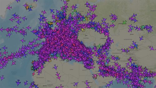 The empty airspace over Ukraine around 11:30 am ET on February 24. (From ADS-B Exchange)