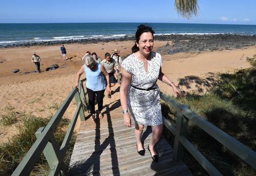 Queensland Premier Annastacia Palaszczuk is seen on the beach at the Mon Repos Turtle Centre in Bundaberg during the Queensland Election today. (AAP)