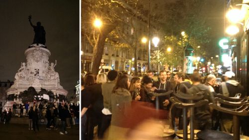 People gather at the monument in Pace de la Republique (left) and revellers outside a bar near the Bataclan theatre (right). (Jack Hawke)