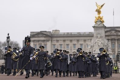 The changing of the guard ceremony takes place on The Mall outside Buckingham Palace on January 24, 2022 in London, England 