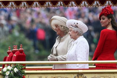 Queen Elizabeth II, Camilla, Duchess of Cornwall and Catherine, Duchess of Cambridge takes part in The Thames River Pageant, as part of the Diamond Jubilee, marking the 60th anniversary of the accession of Queen Elizabeth II on June 3, 2012 in London, England.  (Photo by Danny Martindale/WireImage)