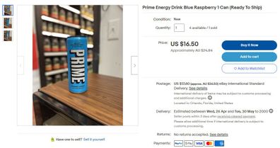 Prime Energy Drinks being sold on eBay for over $24 a can. 