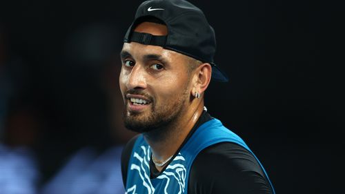 MELBOURNE, AUSTRALIA - JANUARY 13: Nick Kyrgios of Australia reacts in his Arena Showdown charity match against Novak Djokovic of Serbia ahead of the 2023 Australian Open at Melbourne Park on January 13, 2023 in Melbourne, Australia. (Photo by Graham Denholm/Getty Images)