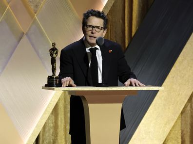 Michael J. Fox accepts the Jean Hersholt Humanitarian Award during the Academy of Motion Picture Arts and Sciences 13th Governors Awards at Fairmont Century Plaza on November 19, 2022 in Los Angeles, California.
