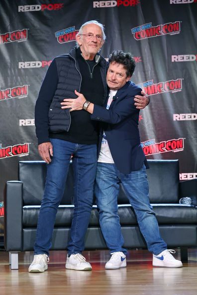 Christopher Lloyd and Michael J. Fox attend a Back To The Future Reunion at New York Comic Con on October 08, 2022 in New York City. 