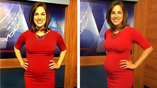Lady in red - perfectly pretty pregnant newsreader Laura Warren. Image: Facebook/Laura Warren