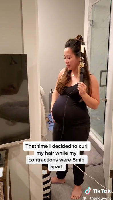 Mum curls hair and does make-up while going into labour.