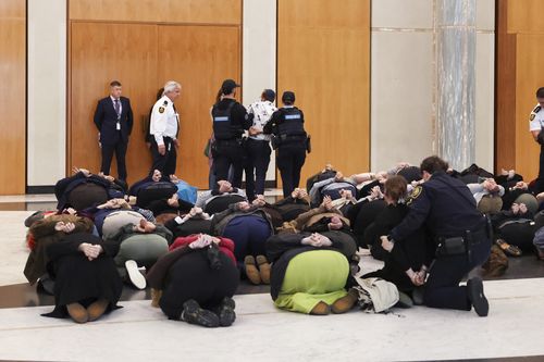 La sicurezza del Parlamento e l'AFP rimuovono i manifestanti filo-palestinesi dall'atrio in marmo del Parlamento a Canberra martedì 26 maggio 2026.  