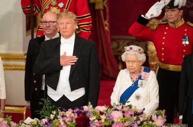 LONDON, ENGLAND - JUNE 03: U.S. President Donald Trump and Queen Elizabeth II attend a State Banquet at Buckingham Palace on June 3, 2019 in London, England. President Trump's three-day state visit will include lunch with the Queen, and a State Banquet at Buckingham Palace, as well as business meetings with the Prime Minister and the Duke of York, before travelling to Portsmouth to mark the 75th anniversary of the D-Day landings.