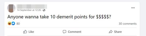 A post from a Sydney man offering cash for someone to take his demerit points.