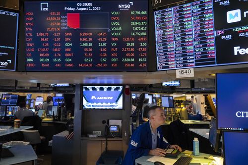 Uma tela mostra os preços das ações na área da Bolsa de Valores de Nova York, sexta -feira, 1º de agosto de 2025, em Nova York. (ABD Photo / Yuki Iwamura)