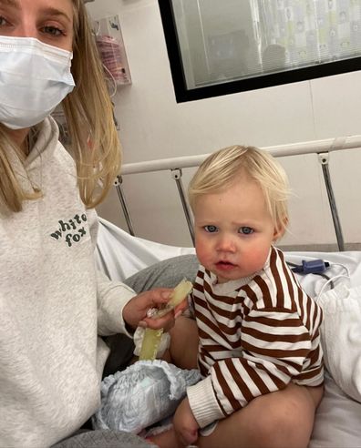 Sarah Stevenson and son Malakai in hospital. 