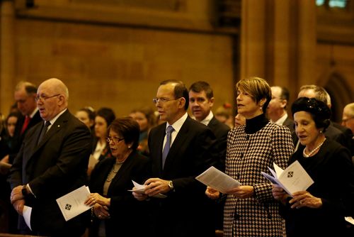 Governor General Sir Peter Cosgrove, Prime Minister Tony Abbott, Margie Abbott and NSW Governor General Marie Bashir attend Mass at St Mary's in Sydney, Sunday, July. 20, 2014. (AAP)