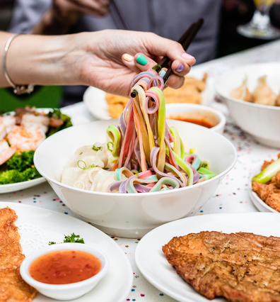 Rainbow noodles for Mardi Gras by Din Tai Fung and Deliveroo