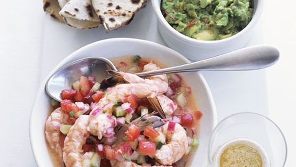 Prawn ceviche with guacamole and white corn tortillas