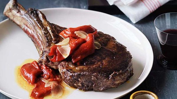Wood-roasted rib-eye of beef with piquillo peppers for Gourmet Traveller