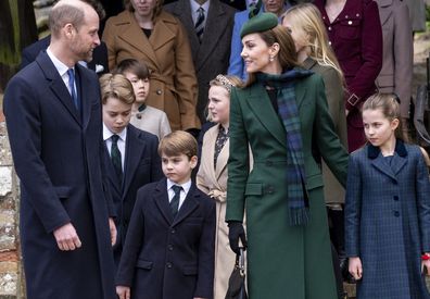Prince William and Catherine, Princess of Wales with Prince George, Princess Charlotte and Prince Louis at the Christmas Morning Service at St Mary Magdalene Church on December 25, 2024 in Sandringham, Norfolk.