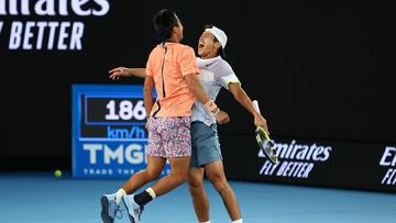 Rinky Hijikata and Jason Kubler of Australia celebrate winning championship point in the Mens Doubles Final against Hugo Nys of France and Jan Zielinski of Poland.