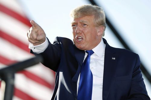 Former President Donald Trump speaks at a rally at the Delaware County Fairgrounds, April 23, 2022, in Delaware, Ohio. 