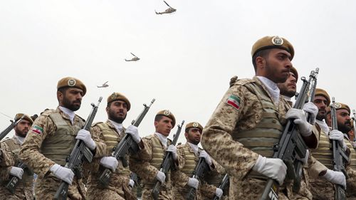 Iranian troops march during the army parade commemorating National Army Day in front of the shrine of the late revolutionary founder Ayatollah Khomeini, just outside Tehran.