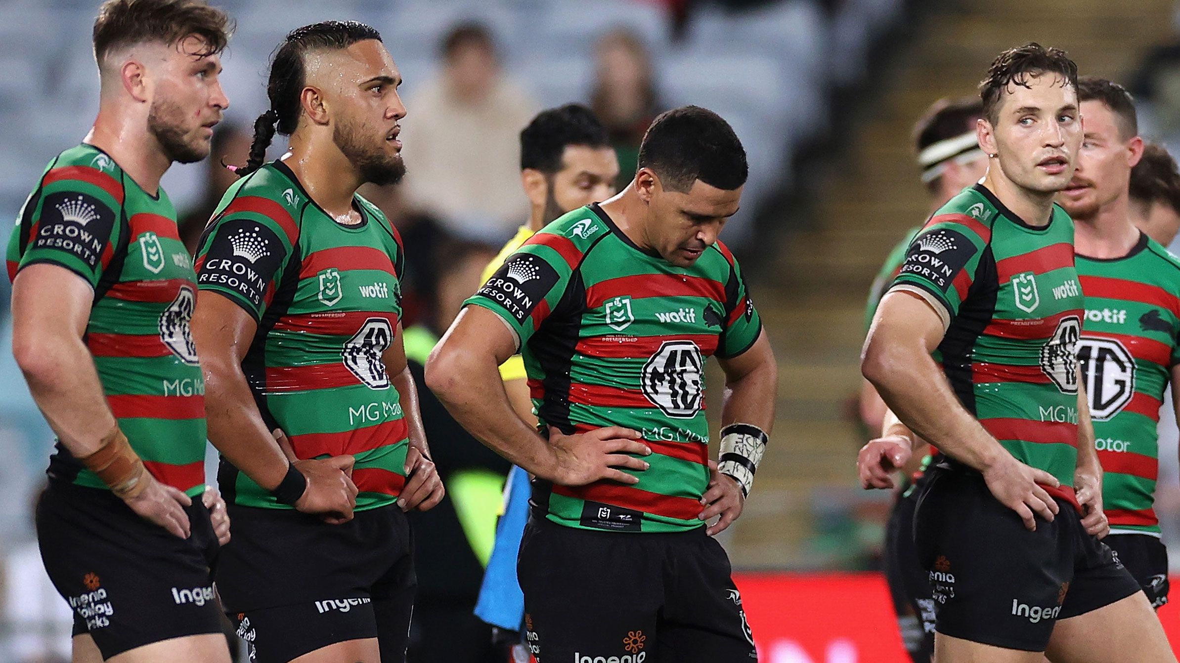 Cameron Murray of the Rabbitohs and teammates look dejected after a Broncos try during their round nine NRL match.