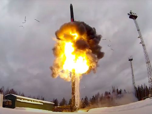 A Yars intercontinental ballistic missile is launched from a Russian air field during military drills.