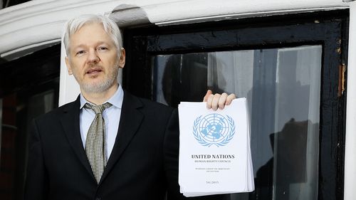 Wikileaks founder Julian Assange speaks on the balcony of the Ecuadorian Embassy in London, Friday, February 5, 2016.