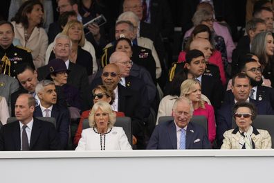 Prince William, left, Camilla, Duchess of Cornwall, second left, Prince Charles, second right, Princess Anne attend the Platinum Jubilee Pageant outside Buckingham Palace in London, Sunday, June 5, 2022, on the last of four days of celebrations to mark the Platinum Jubilee.