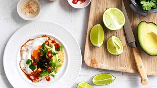 Fried egg, avocado and chilli tacos