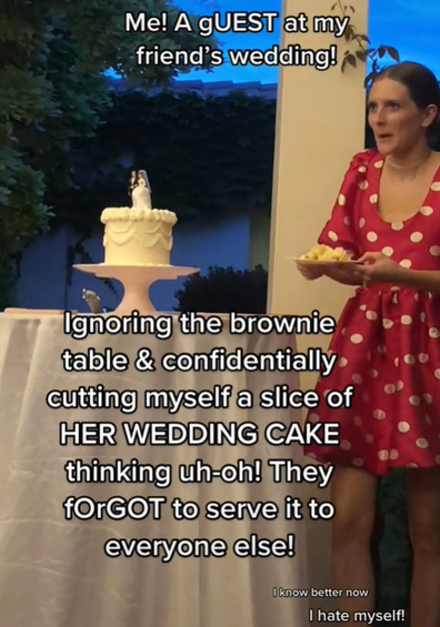 wedding cake eaten by guest before formal slicing