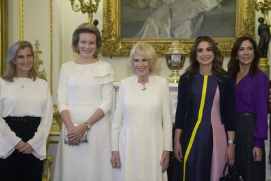 (L-R) Britain's Sophie, the Countess of Wessex, Queen Mathilde of Belgium, Camilla, Queen Consort, Queen Rania of Jordan and Danish Crown Princess Mary pose for a photograph during a reception to raise awareness of violence against women and girls as part of the UN 16 days of Activism against Gender-Based Violence, in Buckingham Palace, London, Tuesday Nov. 29, 2022 