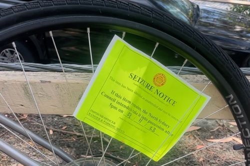 Seizure notice stuck on bike wheel near Folly Point by North Sydney Council.