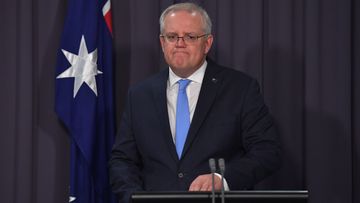 Prime Minister Scott Morrison holds a news conference in the Blue Room at Parliament House on November 12, 2020 in Canberra, Australia.