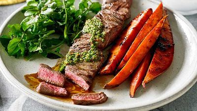 Chimichurri beef fillet with watercress and sweet potato