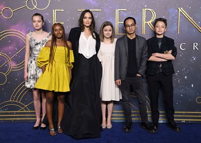 Angelina Jolie, third from left, and her children Shiloh, Zahara, Vivenne, Maddox and Knox at the London premiere of 'The Eternals' in 2021.	**This image is for use with this specific article only** 