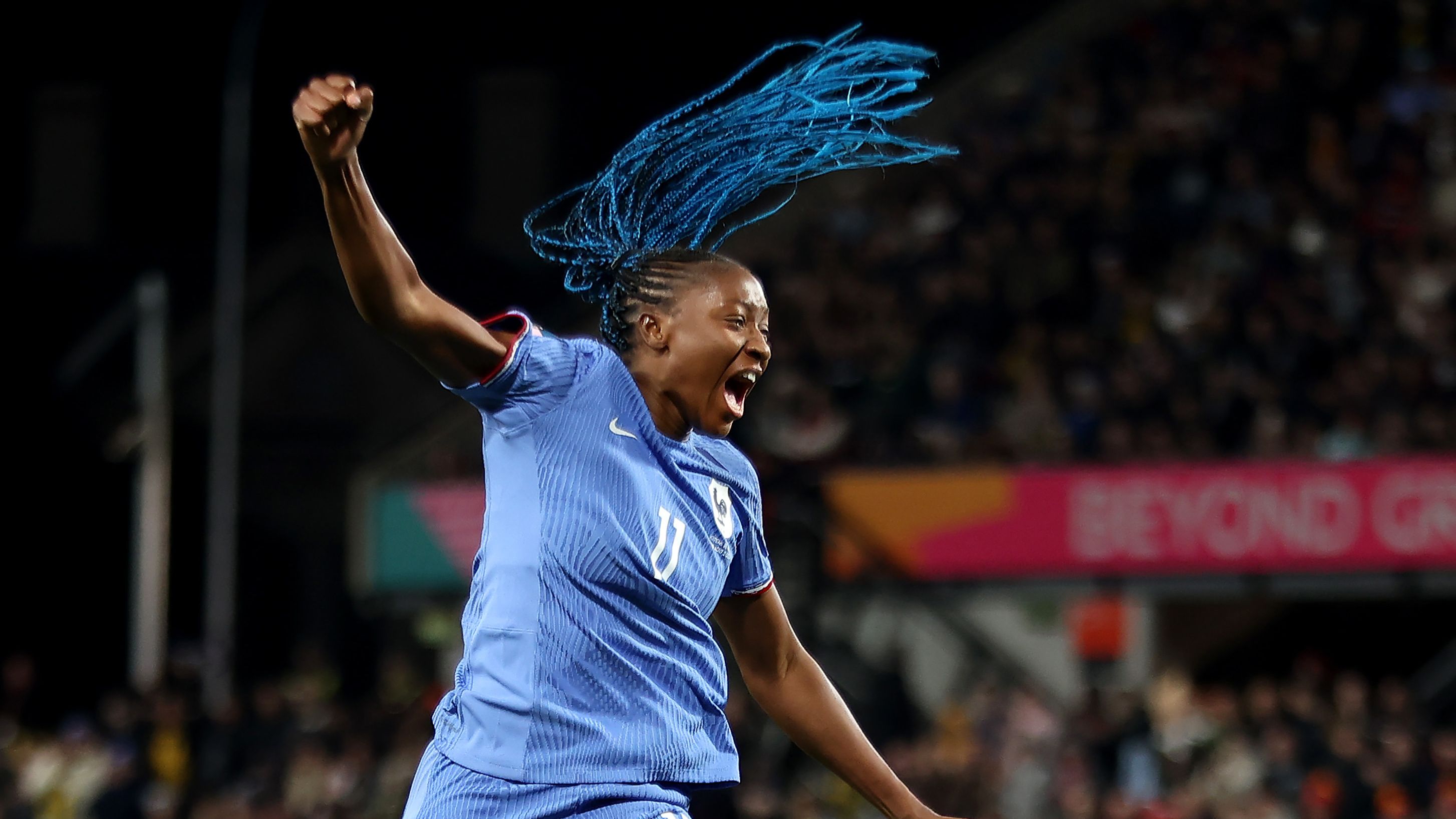 Kadidiatou Diani celebrates after scoring France&#x27;s first goal during their round of 16 match between with Morocco.