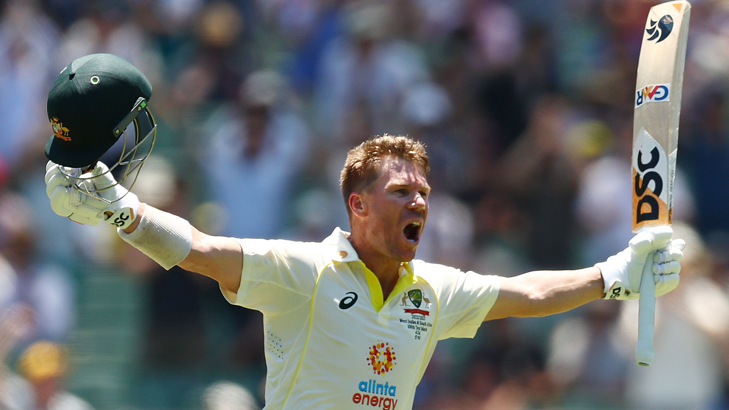 David Warner of Australia celebrates a century against South Africa in 2022.