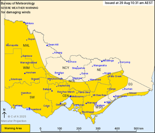 A map showing areas affected by a severe weather warning for Victoria.