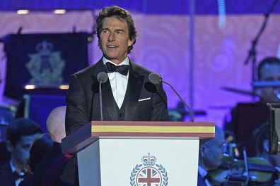 Actor Tom Cruise speaks during the "A Gallop Through History" Platinum Jubilee celebration at the Royal Windsor Horse Show at Windsor Castle in Windsor, England, on Sunday May 15, 2022. 